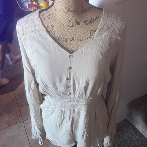 Cream V-Neck Long-Sleeve Smocked Waist Tunic